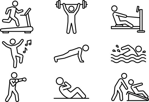 Gym Workout Exercises and Fitness Training Pictogram Icon Set Featuring Treadmill Weightlifting Swimming Boxing and Cardio Poses for Sports Website Designs