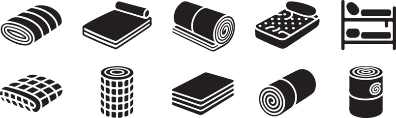 Naklejka premium Sleep and rest furniture symbols showing rolled foam pads mattresses blankets folded fabrics and bunk beds for lodging needs.