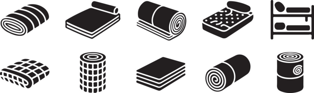 Sleep and rest furniture symbols showing rolled foam pads mattresses blankets folded fabrics and bunk beds for lodging needs.