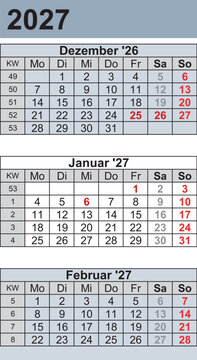 Kalender 2027 three month per page