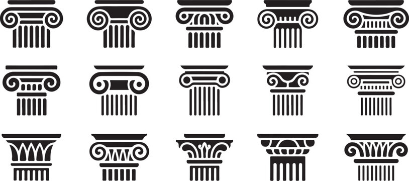 Architectural column capitals set showing classical ionic and doric styles for construction detail historical building elements.
