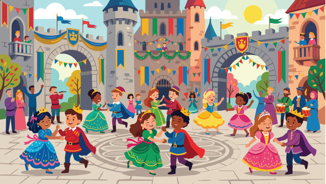 Happy Kids Dressed in Royal Costumes Dancing at a Medieval Castle Festival, Prince and Princess Celebration Cartoon Vector Illustration