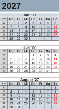 Kalender 2027 three month per page