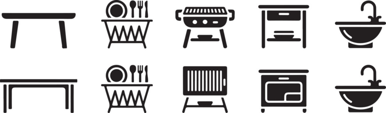 Dining furniture and kitchen tools featuring tables dish racks grill units cupboards and bathroom sinks as simple black icons.