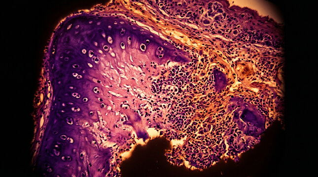 Microscopic view of human tissue sample with purple and orange hues under high magnification