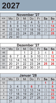 Kalender 2027 three month per page