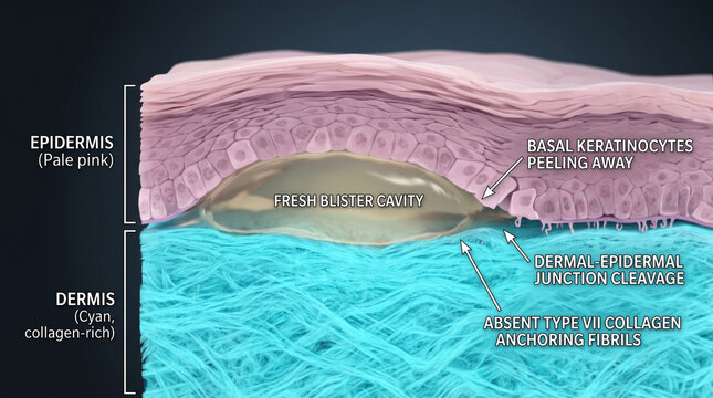 Skin blister formation with epidermis and dermis layers showing dermal-epidermal junction cleavage and absent collagen
