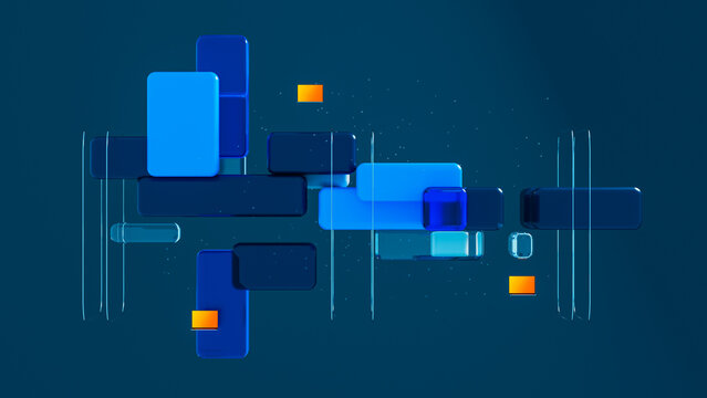 Geometric blocks arranged with technology elements on a flat surface