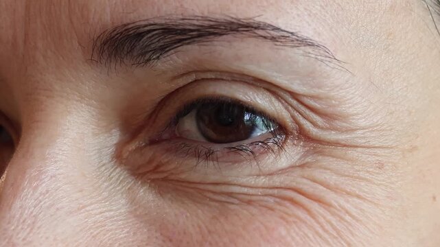 Smile wrinkles around woman's eyes are forming and smoothing out. Concept of natural aging skin texture after forty. Close-up of facial expression detail.	