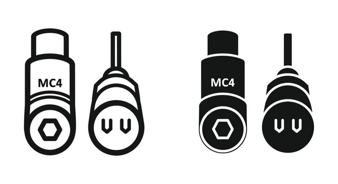 Mc4 solar panel connector icons, electrical cable plug for photovoltaic system, renewable energy equipment, vector illustration isolated on white background
