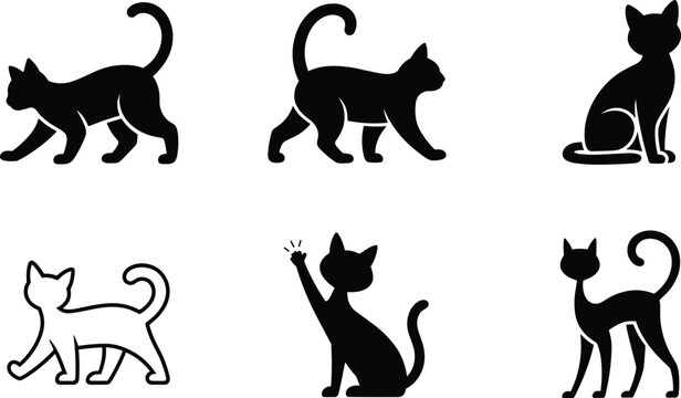 Black Silhouette Collection of Cats in Stylized Walking, Sitting, and Playful Poses for Pet Design Projects