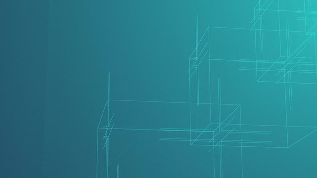 futuristic wireframe cube structure, 3d digital geometry, abstract blue background, technological design