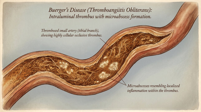 Buerger's Disease Thromboangiitis Obliterans intraluminal thrombus with microabscess formation in a small artery