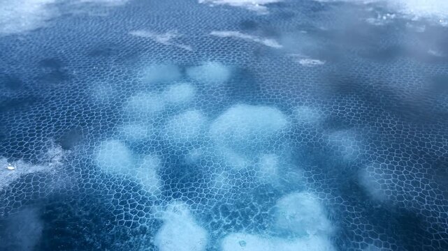 Hexagonal tile mesh beneath shallow blue water with shimmering pale highlights, foam patches, diagonal perspective, crisp foreground detail, soft midground tones, calm abstract texture