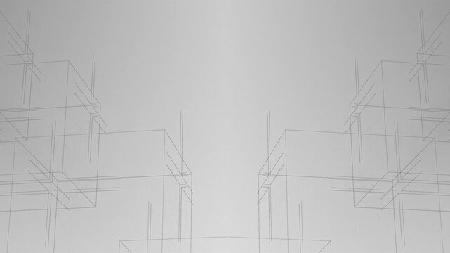futuristic wireframe architectural blueprint illustration with dashed lines and geometric shapes - minimalist tech background, construction
