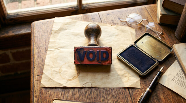 A rubber stamp with the word void on a wooden desk with vintage office supplies