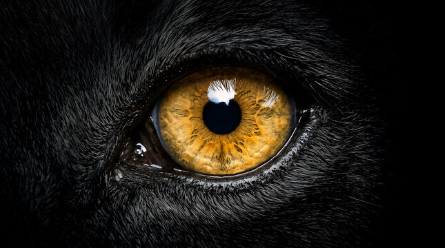 Eye of a dark predator stares intensely forward, showcasing a vibrant golden iris set against deep black fur in a high-contrast macro portrait that emphasizes the animal's sharp visual focus.
