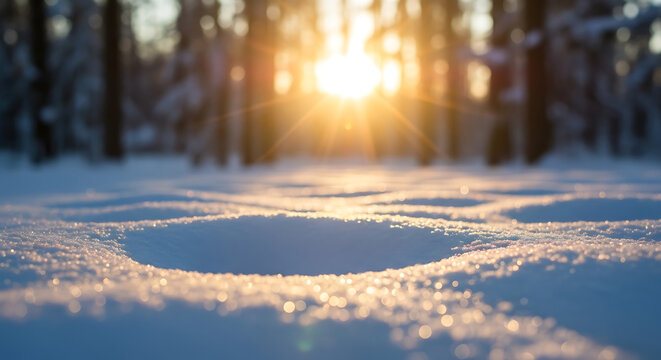Winter forest clearing with deep snow and glowing golden sunset light sunlight landscape beautiful daylight freezing peaceful environment