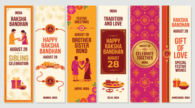 Raksha Bandhan vertical banner set, Indian festival sibling celebration posters, traditional brother and sister bond illustrations, festive greeting cards