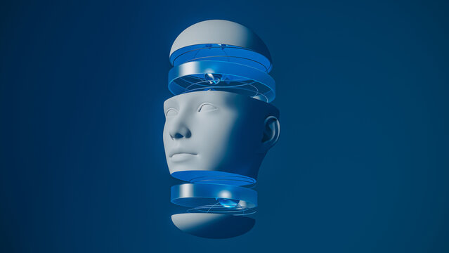 Concept of artificial intelligence head showing technology features