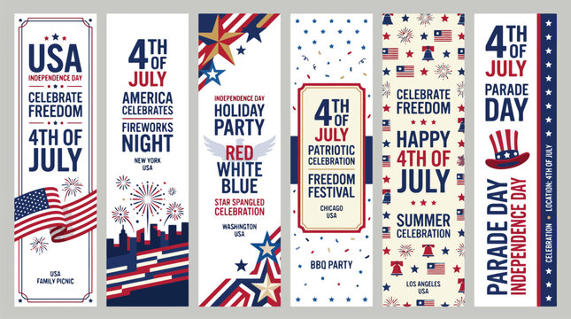 USA Independence Day vertical banners, 4th of July patriotic celebration posters, red white and blue holiday party flyers with stars and stripes