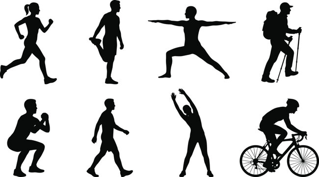 Set of fitness silhouettes showing people running stretching doing yoga hiking squatting walking side bending and cycling on white background