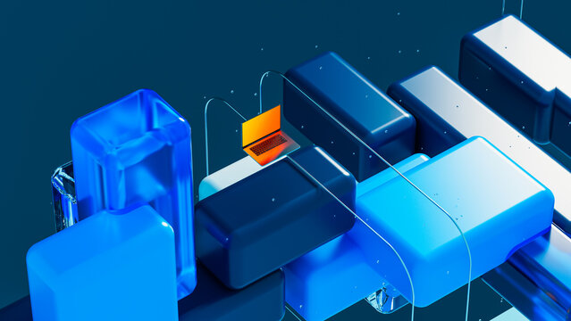 Geometric blocks arranged with technology elements on a flat surface