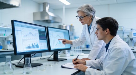 Naklejka premium Senior scientist collaborating with assistant in advanced modern laboratory setting