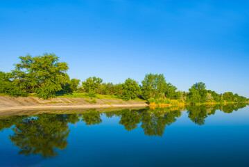 calm river with forest on coast under blue  sky © Yuriy Kulik