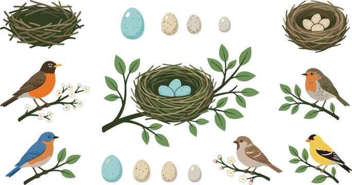 Spring Bird Nest and Eggs Vector Element Set Featuring Robin Bluebird Goldfinch and Sparrow on Tree Branches for Nature and Wildlife Crafting Graphic Designs