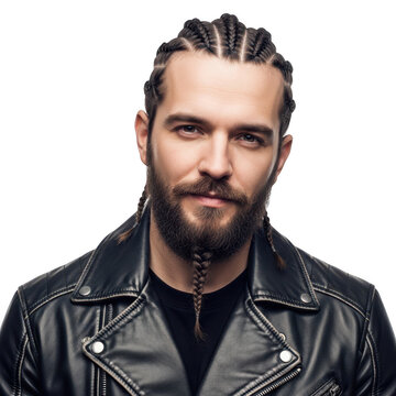 Man with braided hair and beard wearing a leather jacket facing forward