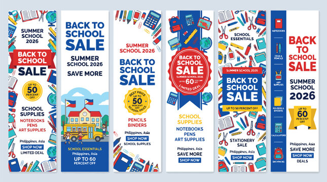 Back to school sale vertical banners, school supplies promotion web templates, colorful stationery and education marketing set with 6 vector layouts