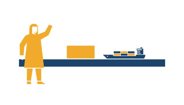 Global shipping agent standing beside large parcel package and container ship for international trade.