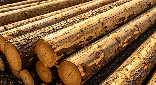 Stacked wooden logs with textured bark in warm sunset light