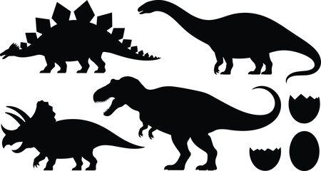 Dinosaur Silhouette Collection Featuring Tyrannosaurus Stegosaurus Triceratops Sauropod and Fossil Egg Vector Set © MstShahin