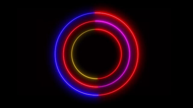 Abstract Multicolor Neon Circular Rings Animation on Dark Background Futuristic Glow Effect.