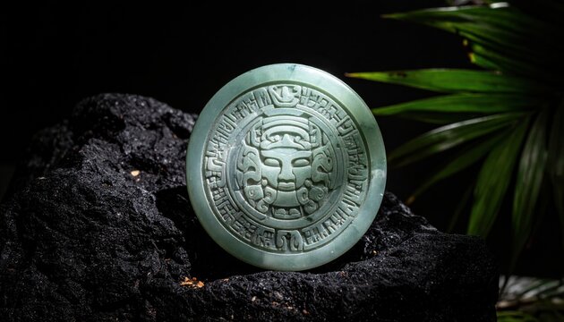 Intricately Carved Jade Disc Featuring Olmec Hieroglyphs and a Central Face, Resting on Rough Stone