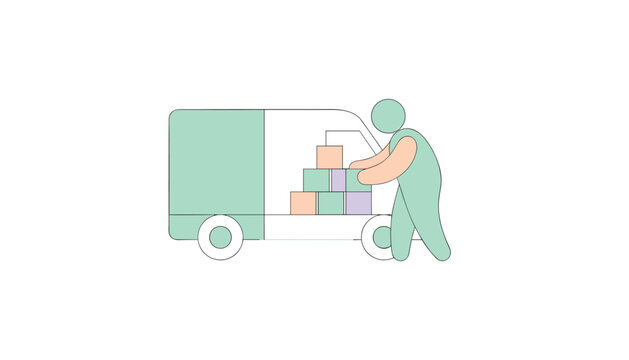 Delivery driver loading various packages into the back of a small cargo van to prepare for a day of local shipping and distribution routes.