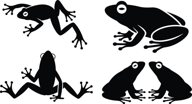 Frog Silhouette Collection Featuring Tree Frogs in Jumping Sitting and Crawling Poses Vector Set