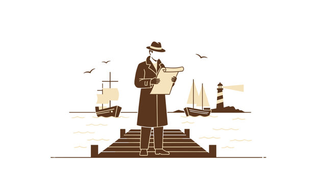 Detective or maritime inspector holds a document while standing on a wooden pier overlooking ships and a lighthouse in the distance.