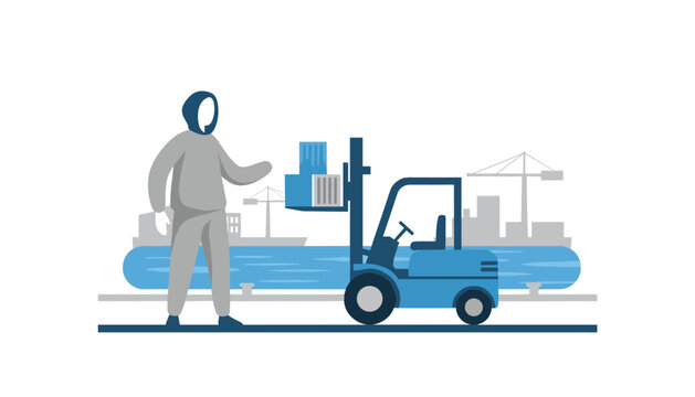Warehouse worker wearing a hoodie operates a blue forklift to transport shipping containers across a busy industrial shipping port facility.