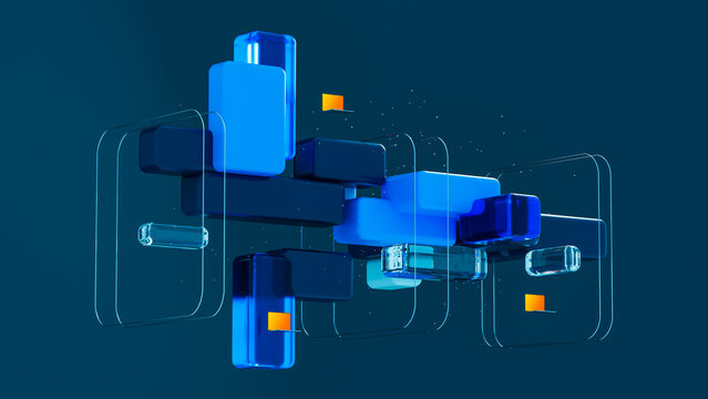 Geometric blocks arranged with technology elements on a flat surface