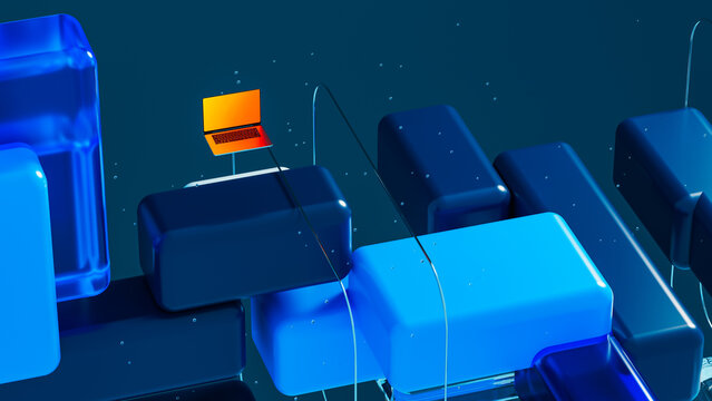 Geometric blocks arranged with technology elements on a flat surface