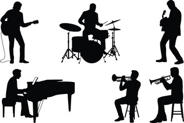 Musician Silhouette Collection Featuring Guitarist Drummer Pianist and Trumpet Players Vector Set © MstShahin