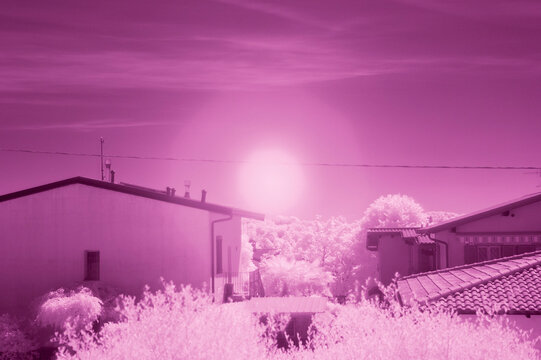 Infrared Full Moon with Suburban Rooftops and Trees