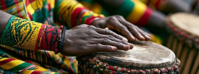 Fototapeta premium Traditional Ghanaian Soccer Fan Playing Percussion Instruments at a Cultural Celebration Event