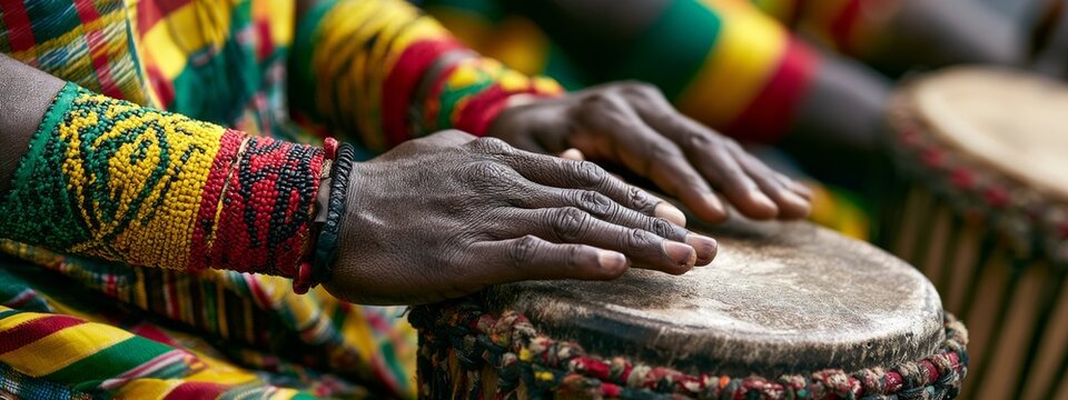 Traditional Ghanaian Soccer Fan Playing Percussion Instruments at a Cultural Celebration Event
