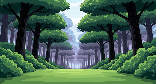 Lush forest path alleyway with tall trees alleyway woodland landscape daylight environment vegetation perspective