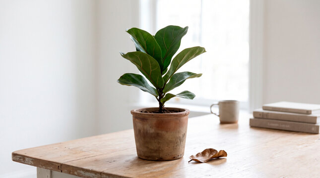 Young fiddle leaf fig in a terracotta pot on a wooden table, concept of indoor gardening and mindful living