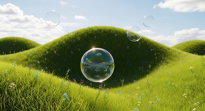 Transparent soap bubble floating over green grassy rolling hills in spring with landscape outdoors transparent environment floating abstract